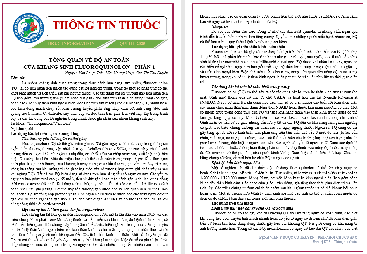 TỔNG QUAN VỀ ĐỘ AN TOÀN CỦA KHÁNG SINH FLUOROQUINOLON – PHẦN 1