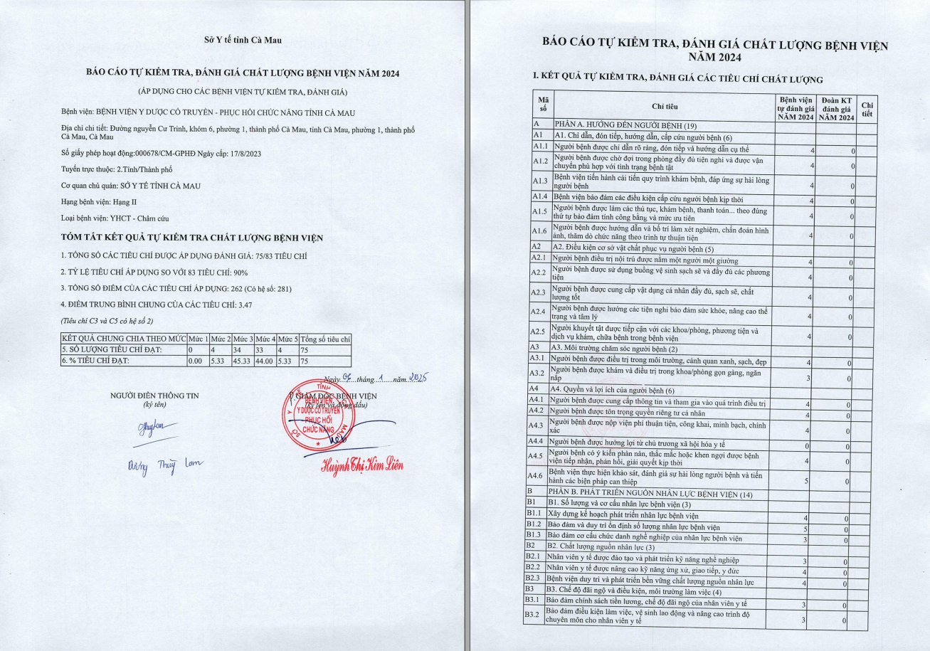 BÁO CÁO TỰ KIỂM TRA, ĐÁNH GIÁ CHẤT LƯỢNG BỆNH VIỆN NĂM 2024 1 T1