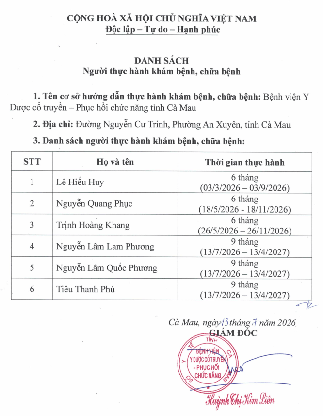 DANH SÁCH NGƯỜI THỰC HÀNH KCB TẠI BỆNH VIỆN YDCT – PHCN CÀ MAU