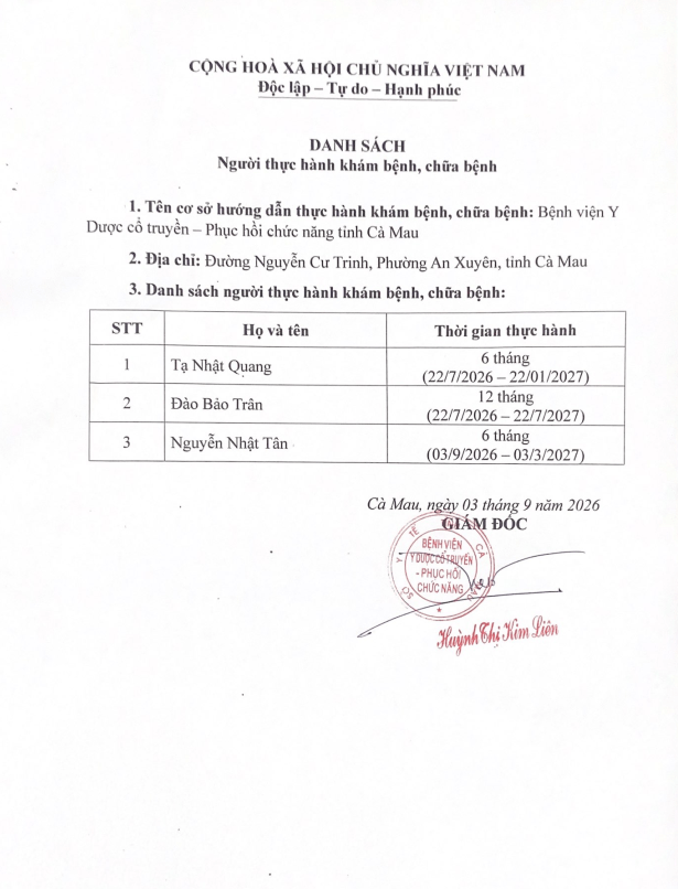 DANH SÁCH NGƯỜI THỰC HÀNH KHÁM BỆNH, CHỮA BỆNH
